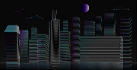 Vector modern night megapolis. Urban skyscrapers in neon blue colors, town exterior, architecture background.の写真素材