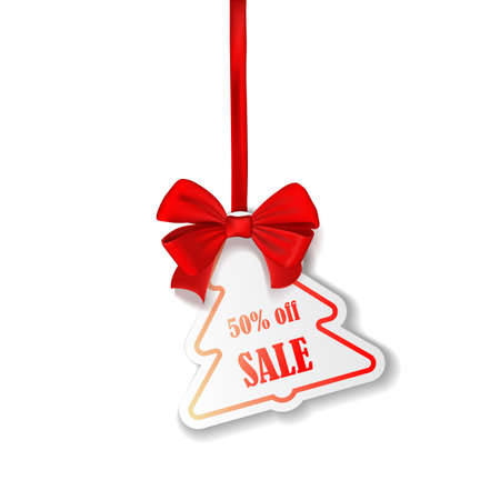 Red Christmas sale paper tags vector in red color hanging with discount text for christmas holiday shopping promotion.のイラスト素材