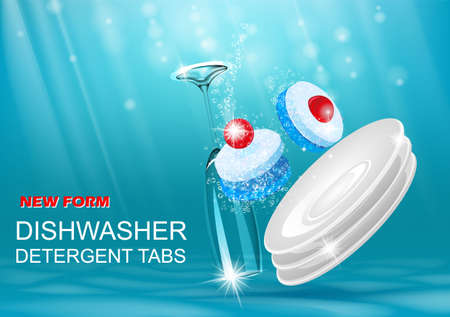 dishwasher detergent tabs ads. Vector realistic Illustration with dishes in water . Horizontal bannerのイラスト素材