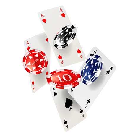 Casino poker design template. Falling poker cards and chips game concept. Casino lucky background isolated.のイラスト素材