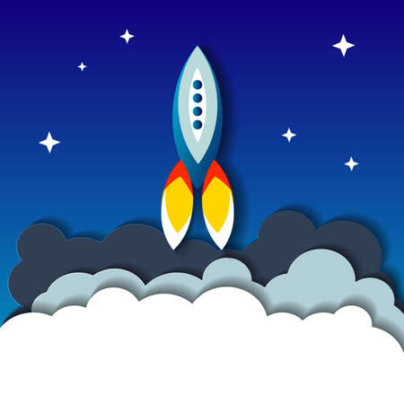Flat illustration concept of space rocket ship startup on dark background of mountains and starry sky. vectorのイラスト素材