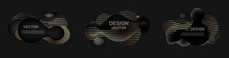 Set of abstract modern graphic elements. Dynamical black gold forms and line.のイラスト素材