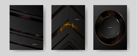 Set of elegant card, cover. Black and golden marble texture. Geometric frame.のイラスト素材
