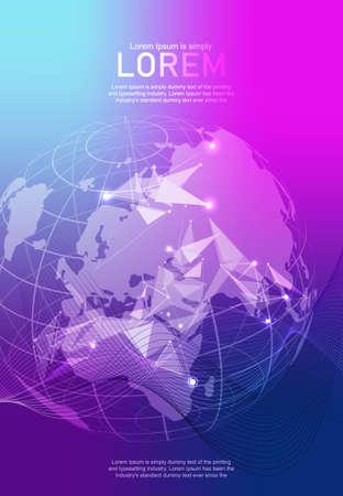 Modern vector template for brochure Leaflet, flyer advert cover catalog magazine or annual report. Business, science design. Scientific cybernetic dotted world map. Lines plexus. Card surfaceのイラスト素材