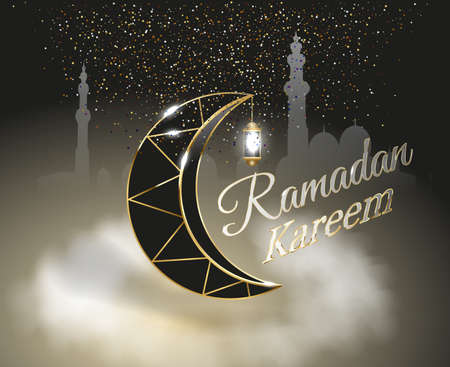 Abstract pattern on golden backdrop. Golden light decoration. Vector christmas greeting card design. Abstract design element. Black AND gold pattern. Ramadan kareem typography.のイラスト素材