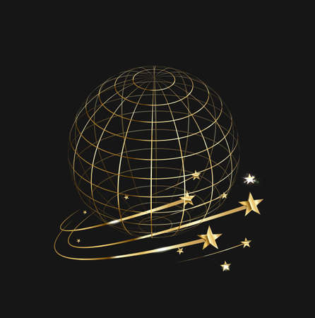 The frame of the earth on a black background, gold stars. Vectorのイラスト素材