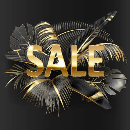 Sale, golden text. Sale vector lettering of gold on black backgroundのイラスト素材