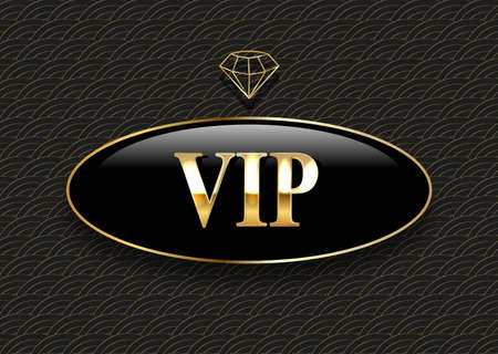Vip black glass label with golden crown and frame on a black pattern background. Premium design. Luxury template design. Vector illustration.のイラスト素材