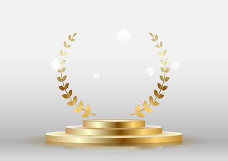 Gold shiny badge rewards with a Laurel wreath with a podium. Vector illustrationのイラスト素材