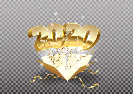 Happy New year 2020 fireworks gift box on transparent background greeting card. Vectorのイラスト素材