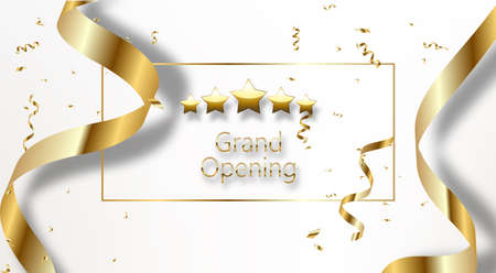 Grand opening sparkling banner. Text composition with golden splashes and ribbons. Elegant style.のイラスト素材