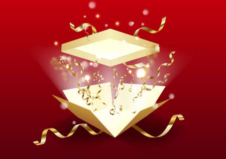 Open the gift box with bright rays of light and flying ribbons. vectorのイラスト素材