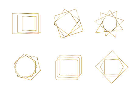 Golden geometric frames. Geometrical polyhedron, art deco style for wedding invitation, luxury templates, decorative patterns.のイラスト素材