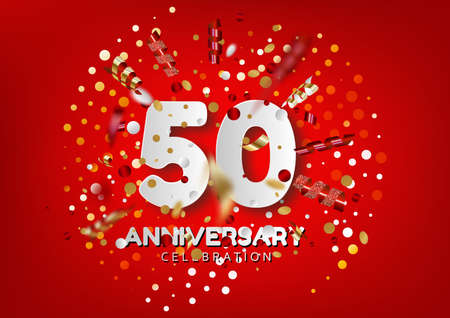 50th Anniversary celebration. Number 50 with sparkling confetti, stars, glitters and streamer ribbons. Vector festive illustration. Realistic 3d sign. Birthday or wedding party event decorationのイラスト素材