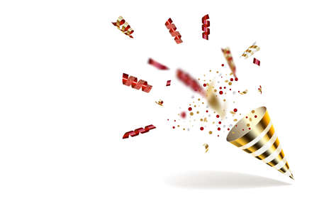 Vector holiday illustration. Realistic paper cone with golden glittering confetti and stars isolated on white.のイラスト素材