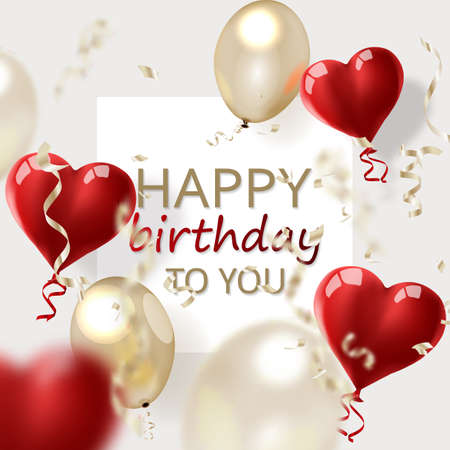 Holiday card with party pink and gold air balloons happy birthday with confetti. Happiness Birth day backdrop. Greeting background for card, flyer, poster sign banner web postcard, invitation.のイラスト素材