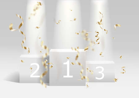 White winners podium and confetti. Stage for awards ceremony. Pedestal. Spotlight. Vector illustration.のイラスト素材