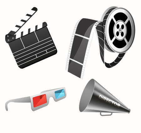 Movie 3d icons. Camera cinema stereo glasses clapper and megaphone for film production vector realistic pictures.のイラスト素材