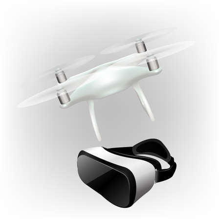 Virtual reality headset air drone with camera, Quad copter realistic mockup. Modern technology...
