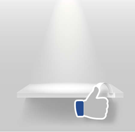 Realistic shelf with thumbs-up hand gesture sign. Discount, sale, new goods offers, number one, hot price, special offer. Vector illustrationのイラスト素材