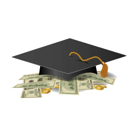 Graduation cap on pile of money and coins, concept of education costs. Investment in education. Realism.のイラスト素材