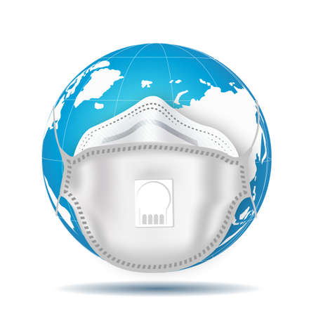 Globe with medical mask on white background. Danger of coronavirus. Vector illustration.のイラスト素材