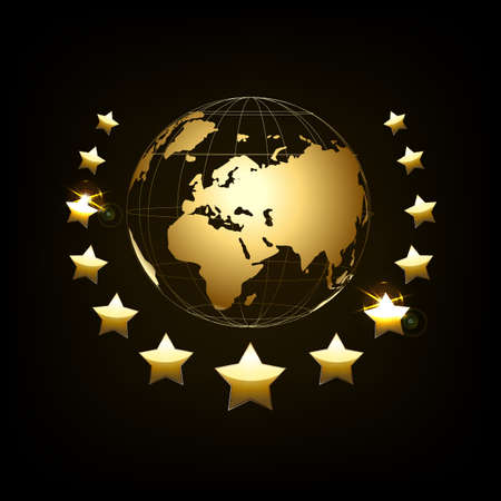Golden globe with laurel wreath. Golden Globe on dark background. Vector illustration. Glossy world map.のイラスト素材