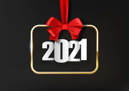 Happy New Year 2021. Hanging realistic gold frame on red ribbon with bow. White numbers for 2021. Holiday gift cardのイラスト素材