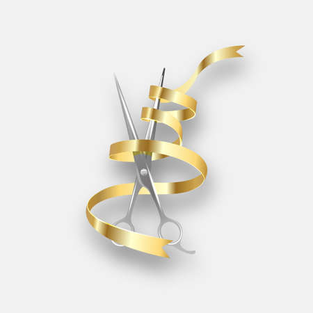 Gold scissors cutting red ribbon for opening ceremony.の写真素材