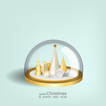 Christmas trees and box. Glass snow globe isolated realistic 3d design. Festive Xmas object.のイラスト素材