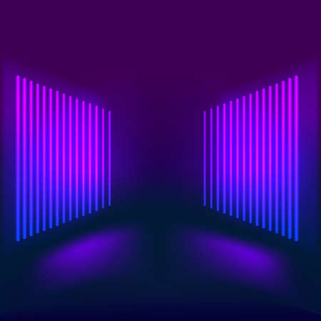 Corridor with neon luminous fluorescent lamps turned on. Futuristic architecture backgroundのイラスト素材