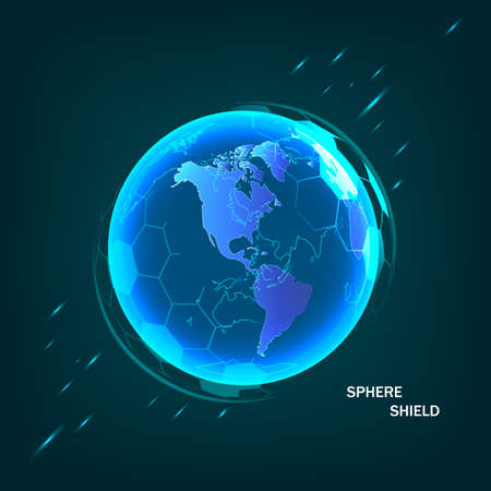 Earth space globe planet with blue ray. Vector image in the form of Globe with starry sky, consisting of points, lines, and shapes ozone shieldのイラスト素材