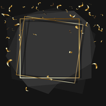 Gold frame with shadow on black background with confetti.のイラスト素材