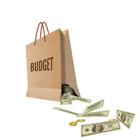 Money bag and losing golden coins that poured out from a hole in the bag. illustrationの写真素材