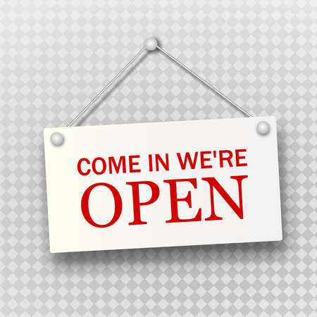 Open sign board hanging on the white wall. illustrationの写真素材