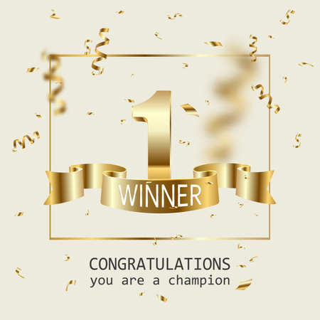 Winner banner. 1 place in competition. Shining golden number one with golden ribbon and winner text, falling confetti. Winning in contest, game, lottery or championship illustration.の写真素材
