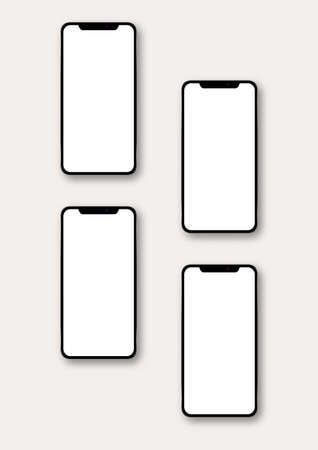 Clean isometric realistic smartphones with blank screens grid. Mobile app user interface ui kit concept smartphone screens shiny mockup on white background.の写真素材