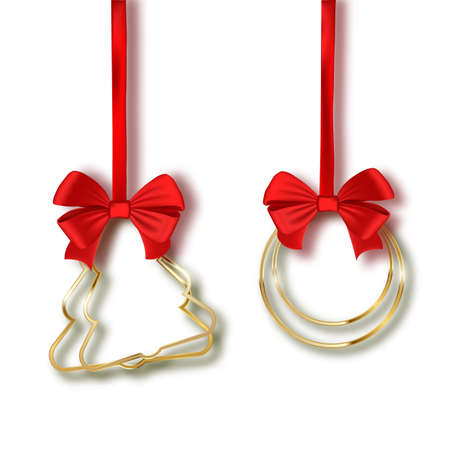 Collection of different shaped gold gift tag price tag with red ribbon isolated on white background.の写真素材