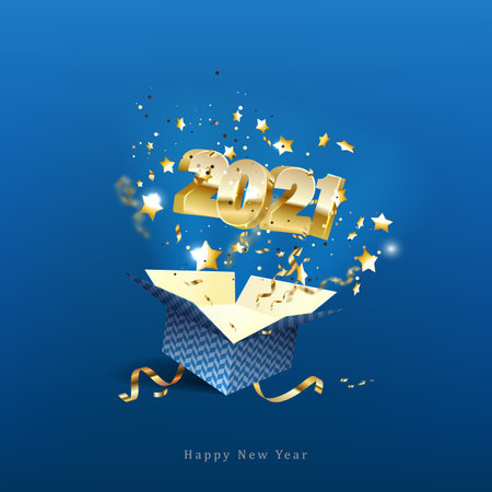 2021 Happy New Year sparkle firework gold ribbon gift box blue landscape greeting card.の写真素材