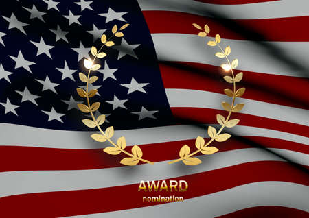 Flag of America, laurel twigs realistic illustration. Winner wreath for award nominee.の写真素材