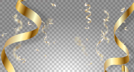 Celebration background template with confetti and gold ribbons.の写真素材
