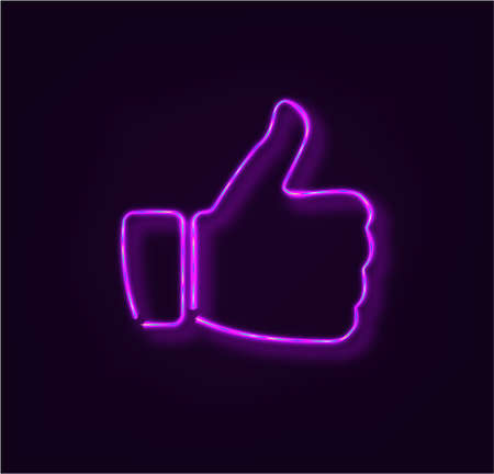 Neon Blue Thumb Up, on brick wall. illustration.の写真素材