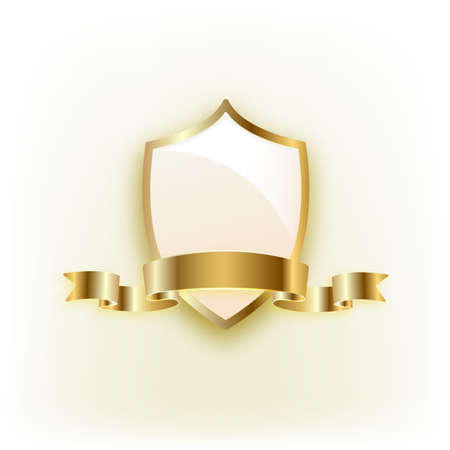 Gold shield with ribbon on white background.の写真素材