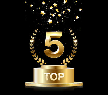 Top 5 label. Golden laurel wreath icon. stock illustration.の写真素材