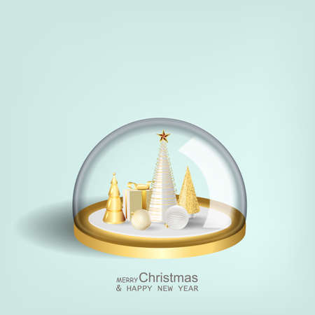 Christmas trees and box. Glass snow globe isolated realistic 3d design. Festive Xmas object. Happy New Year and Merry Christmas. illustrationの写真素材