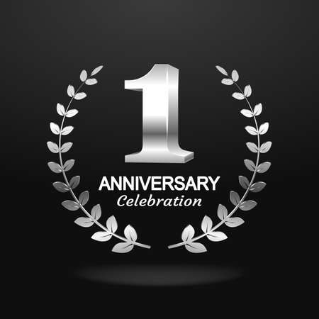 1st anniversary with blue ribbon and laurel wreath, template for birthday celebration.の写真素材