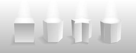 Museum stage. Realistic cubes podium, 3d exhibit displays. Gallery geometric blank product stands. Spotlight illuminates pedestal setの写真素材