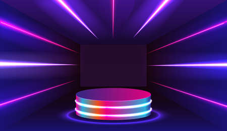 Stage for performances, product presentation podium or pedestal on glossy surface, illuminated in darkness with neon light rims.のイラスト素材