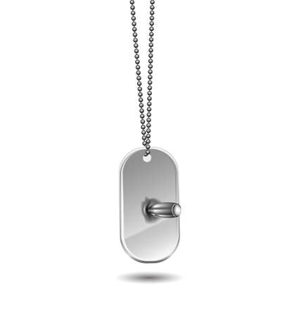 Metal tag with a bullet hanging on a chain isolated on white background. The bullet hit the tag.のイラスト素材