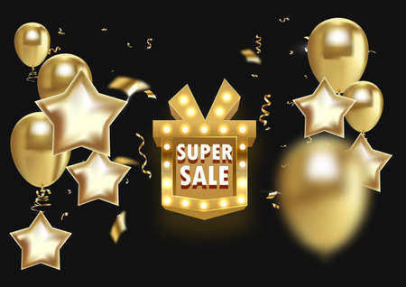 Super sale gift box like golden retro board broadway sign vector illustration.のイラスト素材